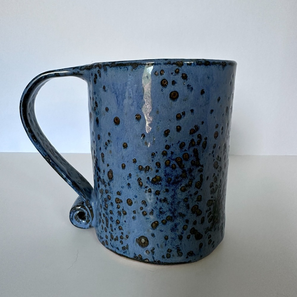 Cat Kitty Coffee Mug Blue Speckles Curved Handle Pottery Handmade - Picture 2 of 6